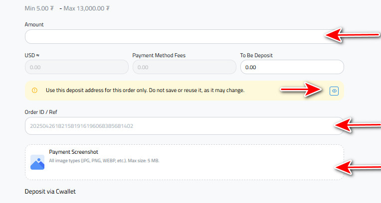 Deposit USDT via Cwallet