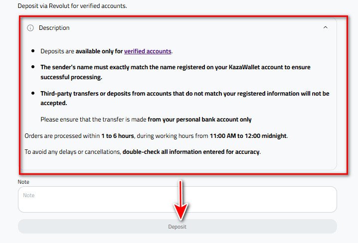 Steps to Deposit USD via Revolut into Kazawallet