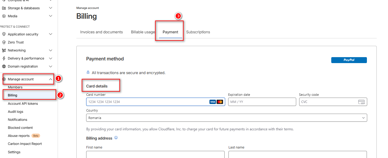 إضافة البطاقة كطريقة دفع على Cloudflare