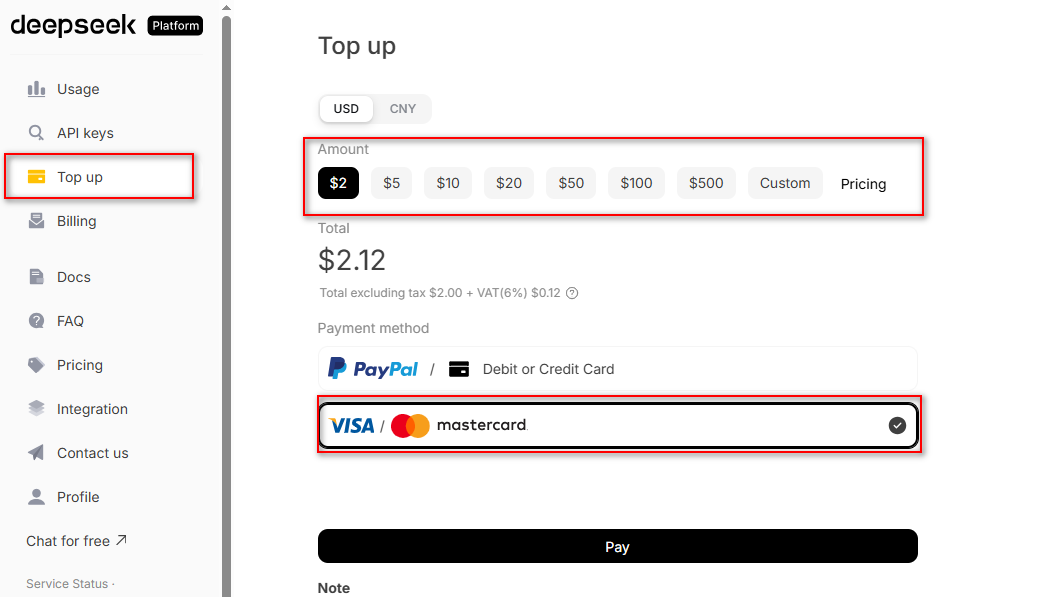 دفع اشتراك DeepSeek API بالكريبتو