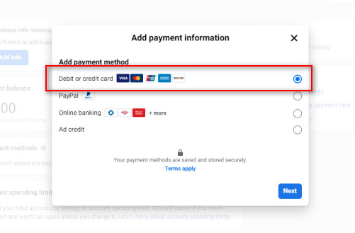 خطوات إضافة البطاقة إلى Meta Ads Manager