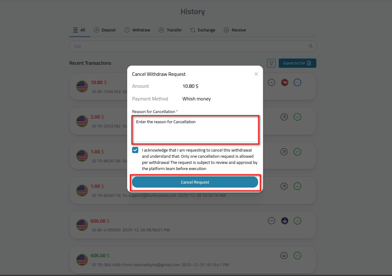 how to cancel a withdrawal request on Kazawallet