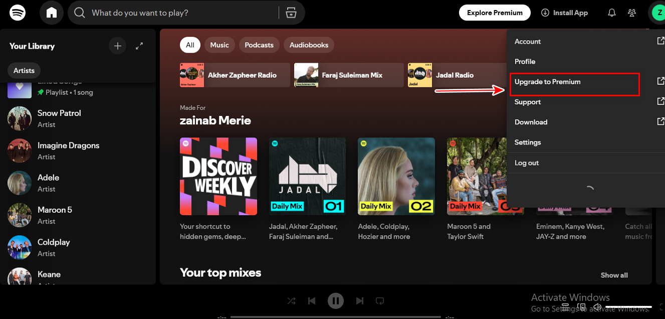 Open your web browser (not the app) and go to Spotify.com. Log in, click on your Profile Icon, then select Upgrade to Premium. Choose Try free for 1 month (or the plan of your choice).