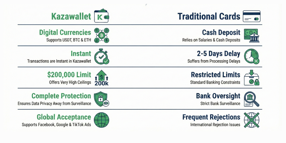 Comparison: Kazawallet (Crypto Visa) vs. Traditional Banking