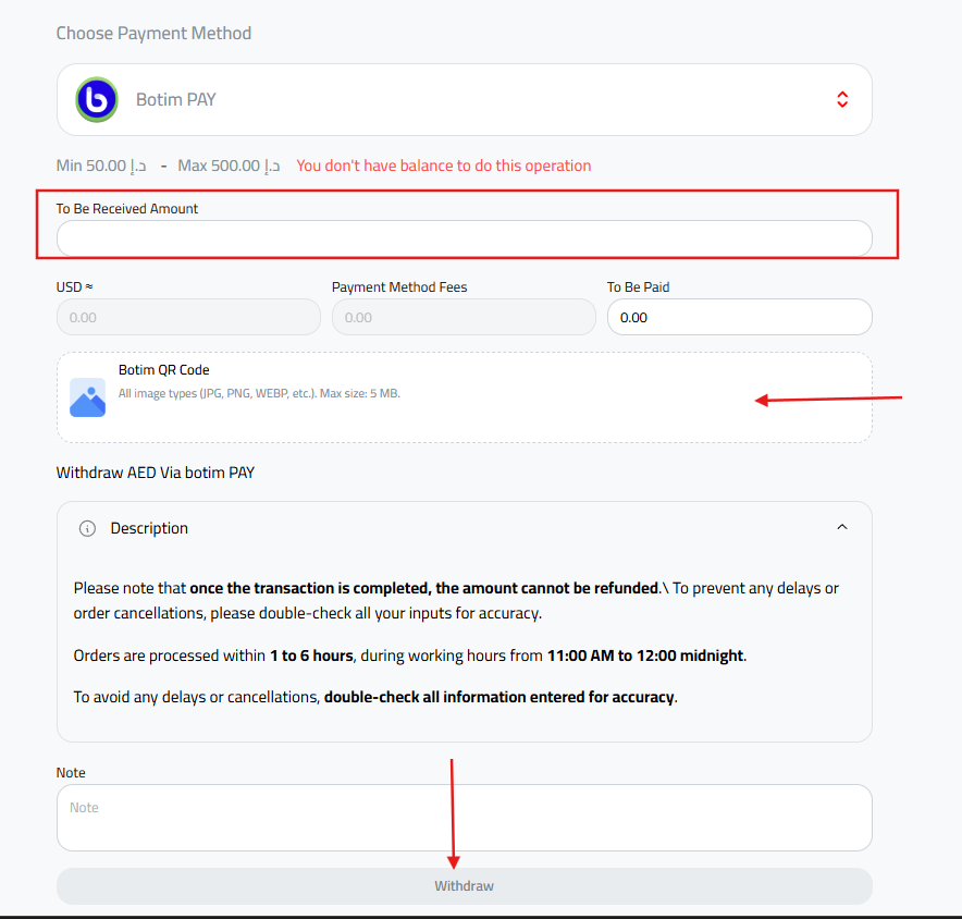 Withdraw UAE Dirhams to Botim Pay