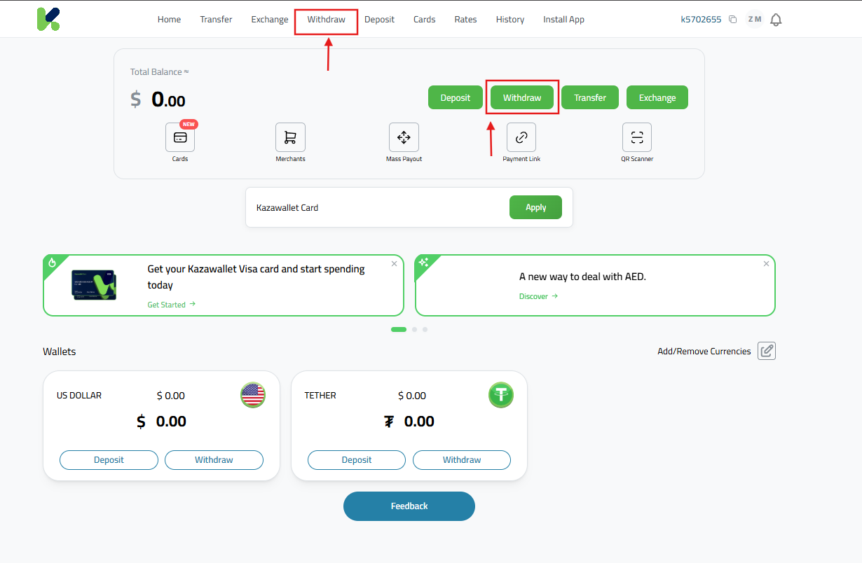 Withdraw from Kazawallet