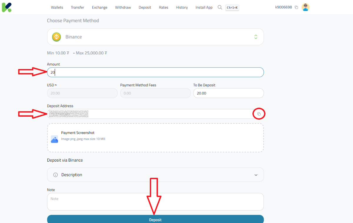 Deposit USDT via Binance