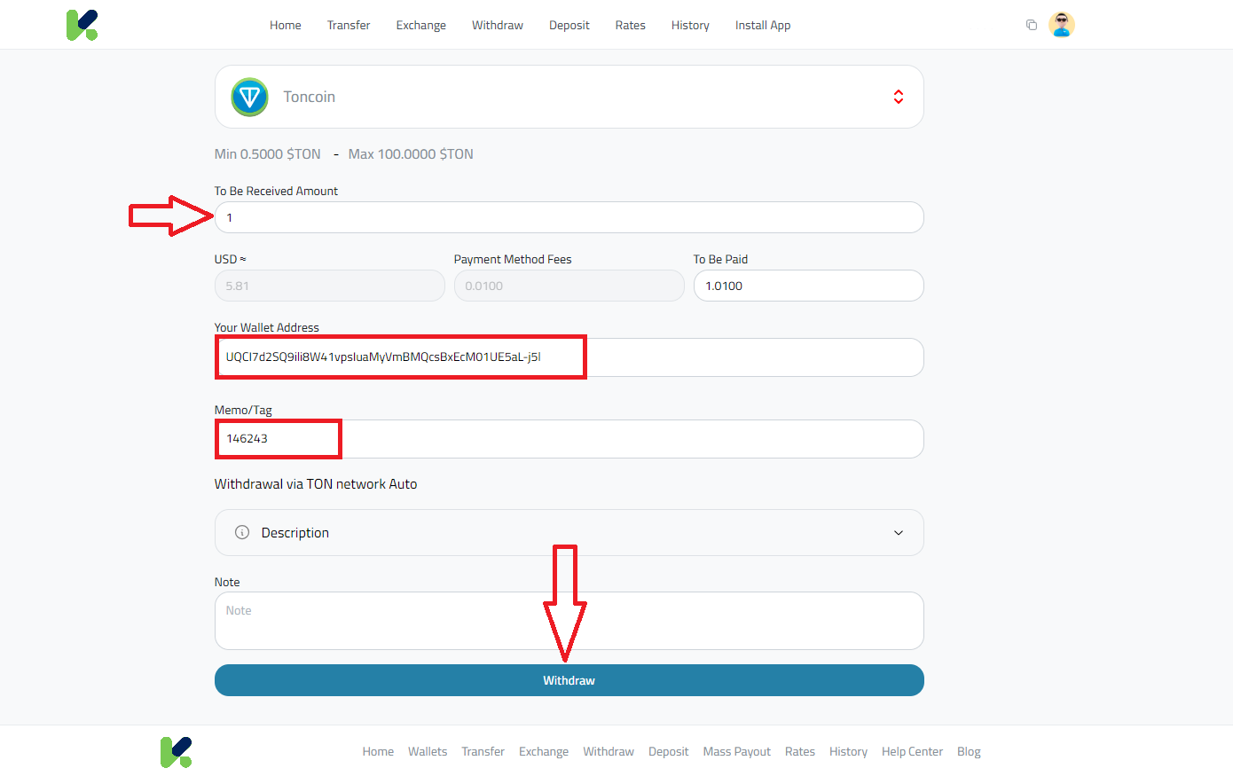 Withdraw Toncoin (TON) from Kazawallet